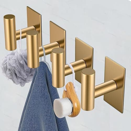 VAEHOLD Wall Towel Hooks, Heavy Duty Sticky Holder Waterproof Towel Hooks for Hanging Coat, Clothes, Closet Hook Wall Mount for Kitchen (Gold, 4 Pack) thumbnail 7