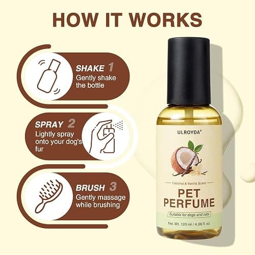 ulroyda Dog Cologne & Pet Perfume – Long-Lasting Coconut & Vanilla Scent | Alcohol-Free Deodorizing Spray for Dogs & Cats, Gentle Non-sticky Grooming Formula, 4.06 oz thumbnail 6