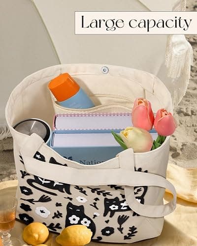 Miss Adola Embroidery Canvas Tote Bag for Women - Reusable Totes with Pocket & Buckle Aesthetic Cute Grocery Shoulder Bag thumbnail 4