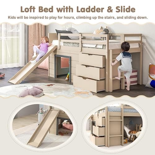 KOMFOTT Twin Low Loft Bed with 3 Storage Drawers & Underneath House, Wood Loft Bed with Slide, Ladder, Guardrails & Under-Bed Play Space, Kids Twin Loft Bed for Girls & Boys, No Box Spring Needed thumbnail 6