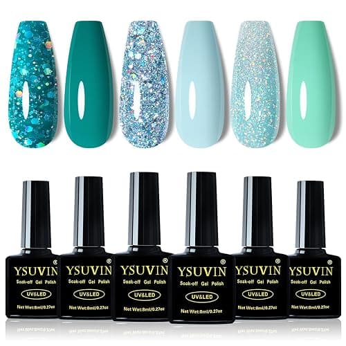 YSUVIN Semipermanente Unghie, 6 Colori Ciano Verde Azzurro Glitter Verde Smalto Semipermanente Unghie, Smalto Unghie Soak Off UV/LED Lampada Nail Art Gel Unghie Set, 8ml thumbnail 8