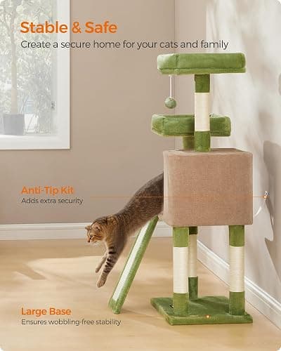 Feandrea Cat Tree, 45.3-Inch Cat Tower, Plush Condo with Scratching Post, Ramp, Perch, Spacious Cave, for Small Space, Grass Green and Camel Brown UPCT141CB03 thumbnail 7