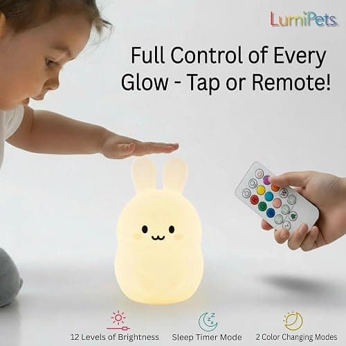 Lumipets Baxter The Bunny Squishy Night Light for Kids | Silicone Lamp with Tap & Remote Control | Rechargeable Color Changing Animal Night Light for Boys & Girls | Portable Nightlight with USB Cord thumbnail 3