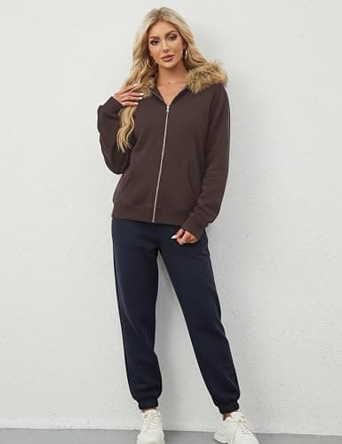 Lauweion Womens Faux Fur Trim Zip-Up Hoodie Fleece Lining Casual Oversized Hooded Sweatshirt with Pockets thumbnail 3