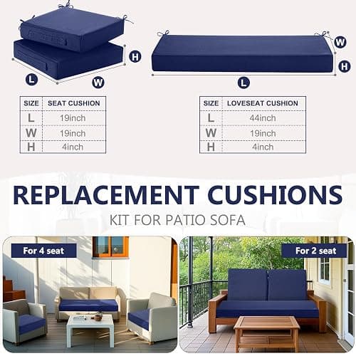Leinuosen 3 Pcs Outdoor Chair Cushions Set 44 x 19 Inch Loveseat Tufted Waterproof Patio Furniture Love Seat Pad Cushion for Square Settee Indoor Sofa Wicker Couch Bench(Navy Blue) thumbnail 2