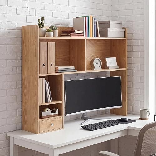 Cinnvoice Natural Desktop Bookshelf Countertop Storage Hutch with Drawer for Computer Desk 5-Tier Display Rack Multipurpose Wood Desktop Hutch Storage Organize for College Dorm Home Office Supply thumbnail 2