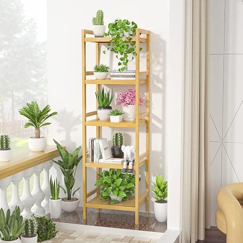 Homykic Bamboo Bookshelf, 5-Tier Narrow 55.9” Adjustable Book Shelf Bookcase Bathroom Shelves Freestanding Storage Stand for Living Room, Bedroom, Kitchen, Rust Resistance, Easy Assembly, Natural thumbnail 7