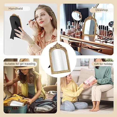 YUSONG Vintage Makeup Desk Mirror, Antique Gold Arched Tabletop Mirror with Resin Frame - Decorative Wall Art for Living Room, Bedroom Decor, Retro Table 9.3" x 5.7" thumbnail 7