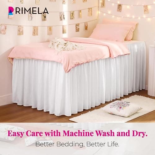 RIMELA Dorm Bed Skirt Twin XL 32 Inch Drop, Easy to Install Extra Long Wrap Around Elastic Dust Ruffle, White Bedskirt Solid Silky Fabric Machine Washable, Bedroom Decor thumbnail 2