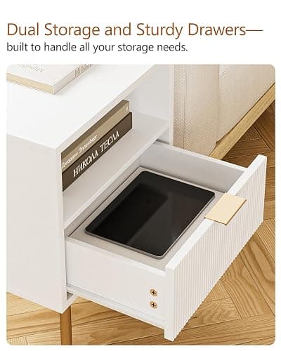 Masupu Nightstand,Mid-Century Modern Bedside Table with Storage Drawer and Open Wood Shelf,Small Gold Frame Side Table for Bedroom,Living Room,White thumbnail 6
