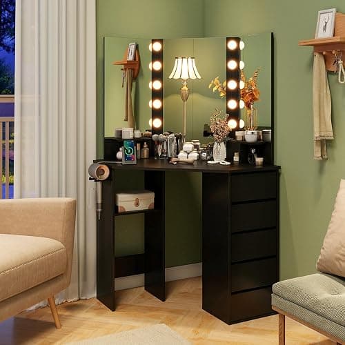 CHARMAID Corner Vanity Desk with Mirror and Lights, Black Makeup Vanity Table with 5 Drawers, Storage Shelves, Charging Station, 3 Lighting Modes, Compact Vanity Dressing Table for Small Space thumbnail 4