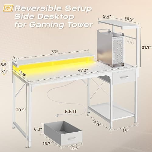 PRAISUN 47.2 Inch Gaming Desk with LED Lights & Power Outlets | Computer Desk with Drawer & Storage Shelves, Office Writing Desk with Monitor Stand for Work from Home, White thumbnail 3