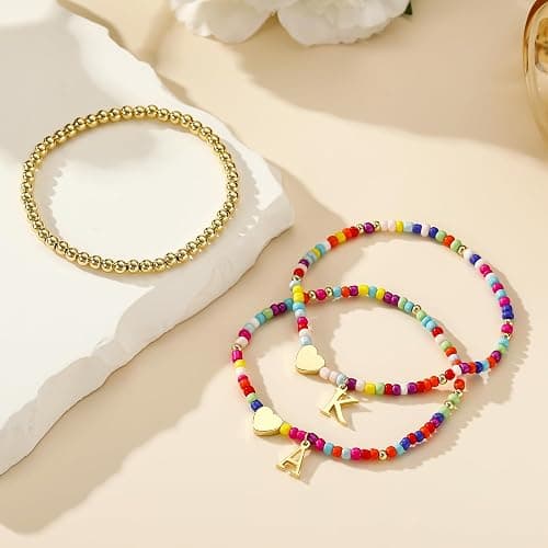 Ritach Colorful Initial Bracelets for Girls Women - 2PCS Real Gold Plated Stretchable Beaded Bracelets Boho Stackable Cute Heart Initial Bracelets for Girls Kids Teen Girl Gifts Birthday Gifts thumbnail 7