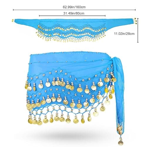 COSICS Belly Dance Hip Scarf, Women's Chiffon Belly Dancing Scarf with 128 Coins for Yoga Class thumbnail 4