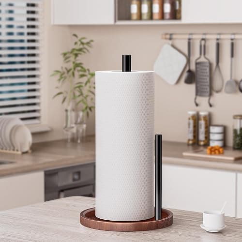 Chinpakden Countertop Paper Towel Holder Wooden - Kitchen Paper Towel Holder Stainless Steel with Real Wood Base, Farmhouse Paper Towel Roll Dispenser Fits Standard and Jumbo Size Paper Towels. thumbnail 2