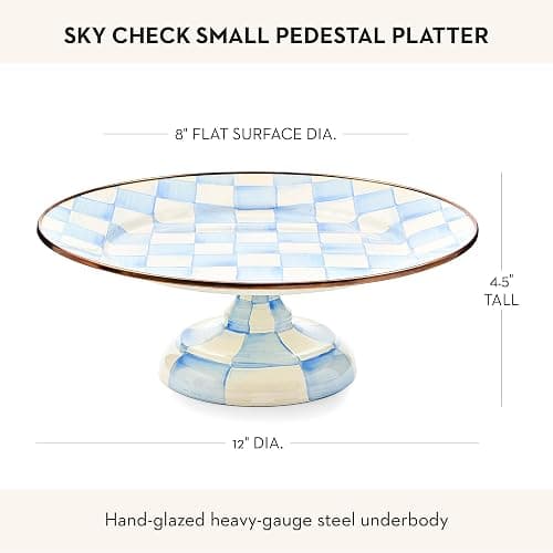 MACKENZIE-CHILDS Enamel Pedestal Platter, Round Cake Stand, Small, 12 Inches, Light-Blue-and-White Sky Check thumbnail 2
