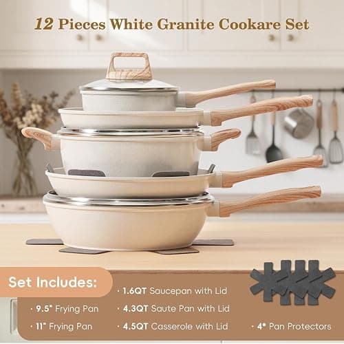 SODAY 12 Pcs Pots and Pans Set, Nonstick Cookware Sets White Granite Induction Cookware, Non-toxic Healthy Non Stick Kitchen Cooking Set with Frying Pans Set, Saucepans,Steamer (PFAS, PFOA, PFOS Free) thumbnail 3
