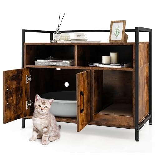 COSTWAY Mobile per Lettiera Gatti con Ripiani Aperti e Ripiani Chiusi con Maniglie, Mobiletto Multiuso per Ingresso e Soggiorno, 82,5 x 51 x 51 cm, Portata 50 kg (Marrone) - Image 1