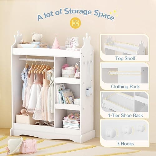 Curipeer Kids Dress up Storage with Mirror, Kids Wardrobe with 3 Hooks, Kids Closet for Girls Boys, Open Hanging Armoire Costume Organizer for Bedroom, Preschool, Classroom, White thumbnail 5