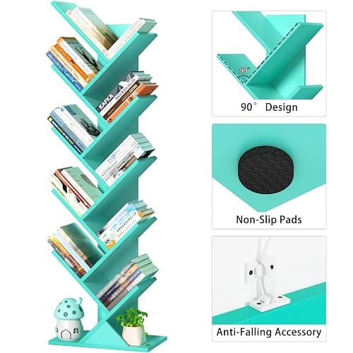 SHEEPAM 10 Tier Tree Book Shelf, Floor Standing Wood Bookshelf for Narrow Space, Storage Organizer Bookshelves for Books/CDs/Magazine, Bookcase with Shelves for Home Office, Living Room - Green thumbnail 7