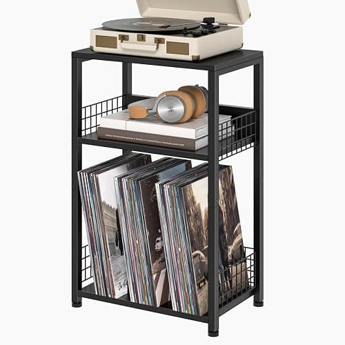 LELELINKY Side Table with Storage, Black Night Stand for Small Spaces, 3 Tier Industrial Wooden Record Player Holder with Vinyl Storage Shelf, End Tables Printer Stand for Bedroom - Image 1