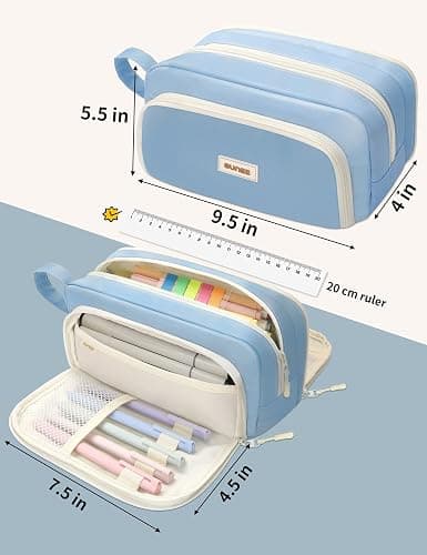 SUNEE Large Pencil Case, Big Capacity Pen Pouch with 3 Compartments, Kawaii Cute Pencil Bag with Zipper, High Storage Stationery Holder and Organizer, School Supplies for Teen and Adult Girls, Blue thumbnail 3