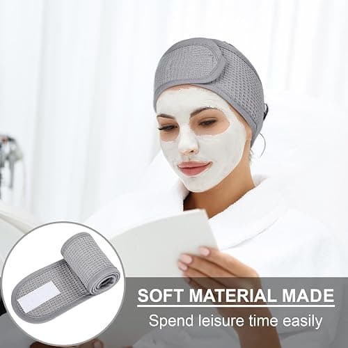 Whaline 3Pcs Spa Facial Headband White Black Grey Head Wrap Terry Cloth Waffle Adjustable Makeup Headband for Bath Sports Washing Face Shower thumbnail 6