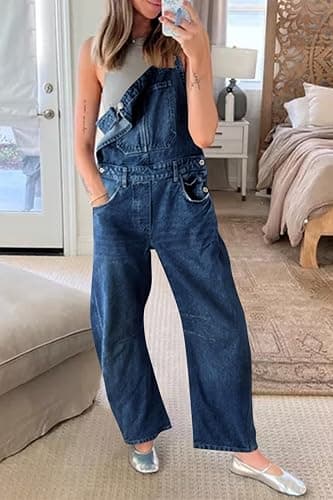 PLNOTME Womens Denim Bib Overalls Barrel Leg Adjustable Strap Jean Jumpsuit | 90s Outfits,Baggy Jumpers,Loose Overalls with Pockets thumbnail 6