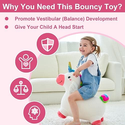iPlay, iLearn Bouncy Pals Hopping Unicorn Horse, Toddler Girl Inflatable Bouncing Animal Hopper Toy, Outdoor Indoor Plush Ride on Bouncer, Baby Birthday Gift 18 Month 2 3 4 Year Old Kid - Unicorn thumbnail 2