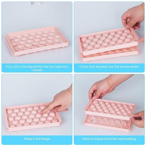 Round Ice Cube Tray with Lid, 66 Ice Ball Molds for Freezer, Easy to Remove Sphere Ice Making Mold for Water Whiskey Cocktail Tea Coffee (Blue+Pink) thumbnail 5