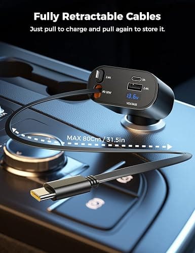 UPERONE Retractable Car Charger 4 in 1, Fast Car Phone Charger with Cord 2.6ft, USB C and Apple Car Adapter, Compatible with iPhone 17 16 15/15 Pro Max/14/13/12/11, Galaxy, Pixel thumbnail 2