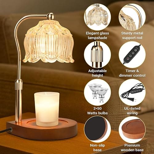 Candle Warmer Lamp with Timer Dimmer, Adjustable Height Candle Lamp Warmer for Jar Candles, Flower Glass Wax Melt Warmer with 2 Bulbs, Flameless Home Decor Gifts for Women Mom, Housewarming thumbnail 3