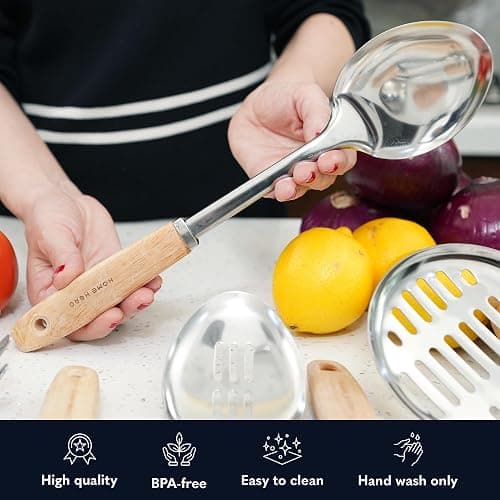 Home Hero Stainless Steel Kitchen Utensils Set - Nonstick Cooking Utensils Set - Heat Resistant Kitchen Essentials & Metal Kitchen Gadgets (10 pcs - Wood and Stainless Steel) | Ergonomic Wood Handle Stainless Steel Kitchen Utensils - Rust-Resistant, Nonstick Safe with Storage Holder (10-Piece) thumbnail 5