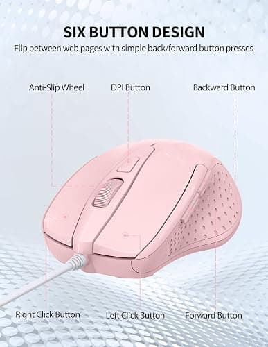 TECKNET Wired Mouse, 6-Button Corded with 4 Adjustable DPI, Optical Ergonomic Design, 5FT Cord for Laptop, Chromebook, PC, Desktop, Mac, Notebook - Pink thumbnail 7