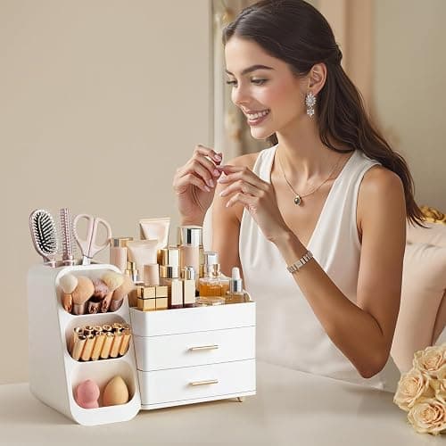 HBlife Makeup Organizer with Brush Holder for Vanity, Large Plastic Bathroom Countertop Organizer Skin Care Storage, Easy to Store Lipsticks, Nail Polishes, Perfumes, Eyeshadow Palettes, All White thumbnail 6