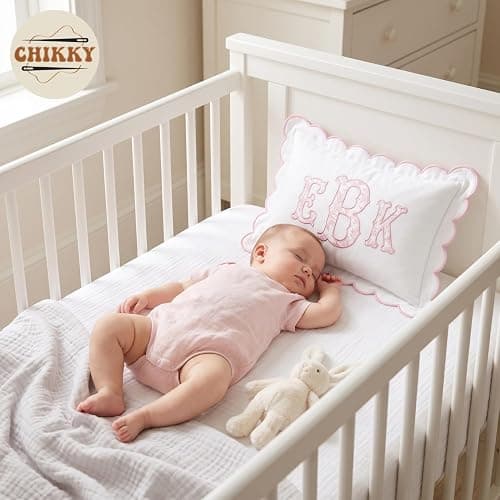 Chikky Personalized Embroidered Pillowcase - Custom Monogrammed Pillow Cover with Scalloped Edge, Ruffle Trim for Nursery Decor, New Home, Housewarming - New Mom, Toddler, Baby Gift Ideas, 02 thumbnail 2