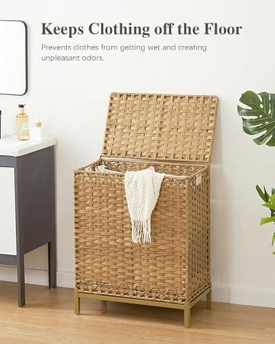 SETVSON Laundry Hamper with Lid, 112 L Handwoven Rattan Wicker Laundry Basket, 2 Removable Liner Bags Metal Heightened Feet, 6 Mesh Bags, 2 Section Large Clothes Hamper for Bathroom Bedroom, Natural thumbnail 3