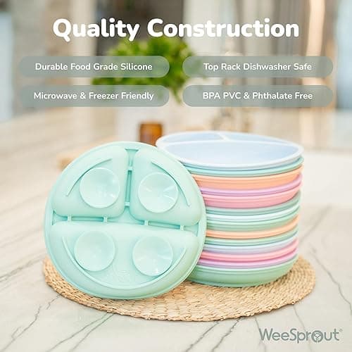 WeeSprout Suction Plates with Lids for Babies & Toddlers - 100% Silicone, Dinnerware Stays Put, Divided Design for Picky Eaters, Microwave & Dishwasher Friendly, 3 Pack - Matte Dark Grey, Blue & Green - With Lids thumbnail 5