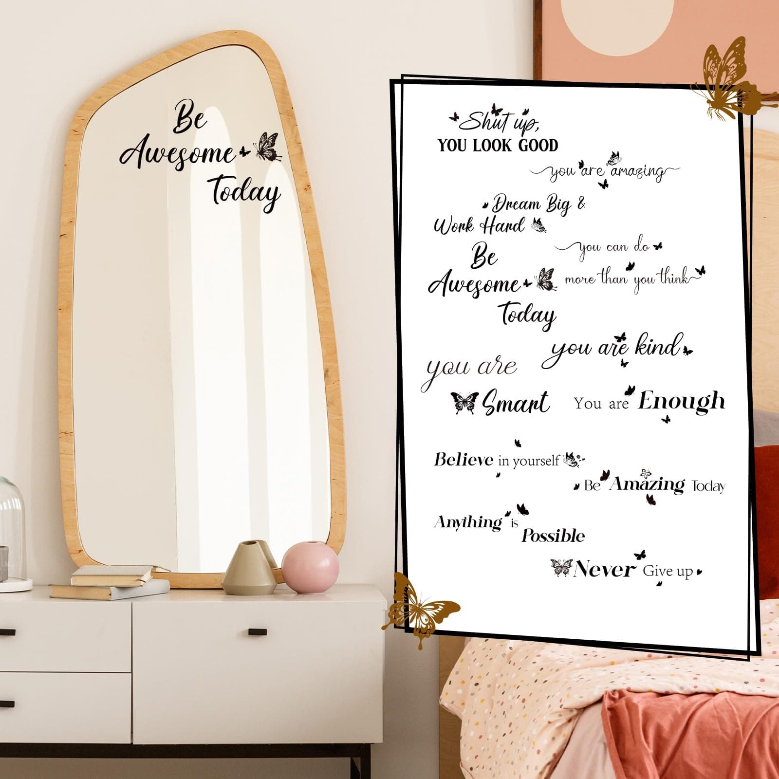 Geyoga 12 Pcs Inspirational Quote Mirror Decals Vinyl Positive Affirmations Mirror Decals Be Amazing Today Be Awesome Today Motivational Stickers for Bedroom Living Room Office Bathroom(Butterfly) thumbnail 7