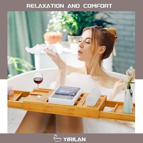 Yirilan Bamboo Bathtub Tray, Expandable Bath Tray for Tub, Bathroom Trays for Bathtub, Bathtub Caddy, Gift for Loved Ones (Bamboo) thumbnail 2