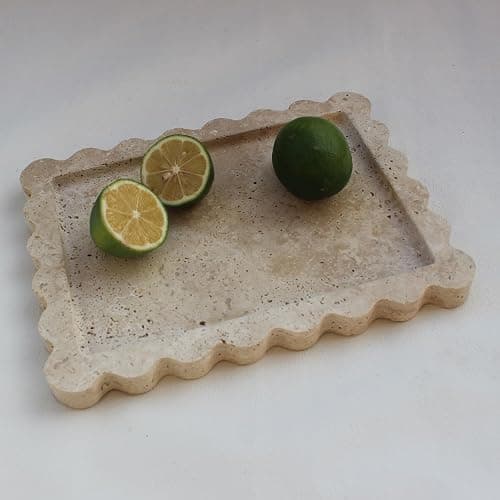 Natural Luxury Scalloped Marble Tray 10.8"x8", Rectangle Vanity Tray for Bathroom Kitchen Counter, Decorative Tray for Dresser Home Decor - Beige Travertine - Image 1