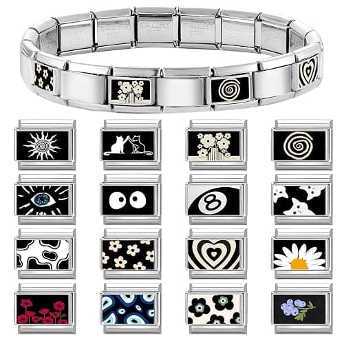 papasgix Italian Charm Bracelet Charms Silver Set with Starter Brascelet 20pcs Black Assorted Italian Charms for Bracelets and Opening Tool 9mm Modular Italian Charm Bulk Pack Links Handmade DIY thumbnail 2