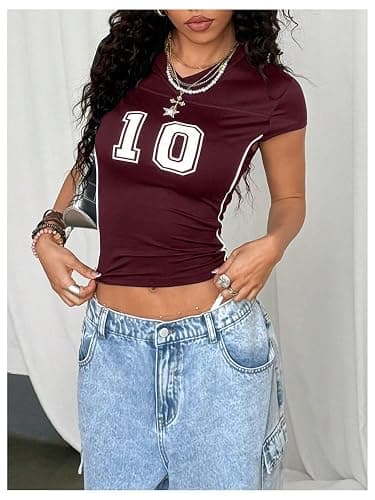 RoseSeek Women's Y2K Sporty Jersey Shirts V Neck Cap Sleeve Tight Crop Tops Street Graphic Tees thumbnail 3