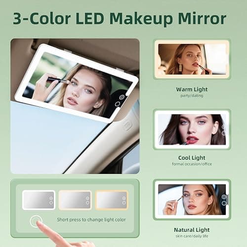 2PCS Car Visor Vanity Mirror with Lights, Rechargeable Dimmable Touch LED Sun Visor Mirrors, Large Detachable Vanity Makeup Mirror with 3 Color Modes for Truck SUV Car Accessories for Women(White) thumbnail 3