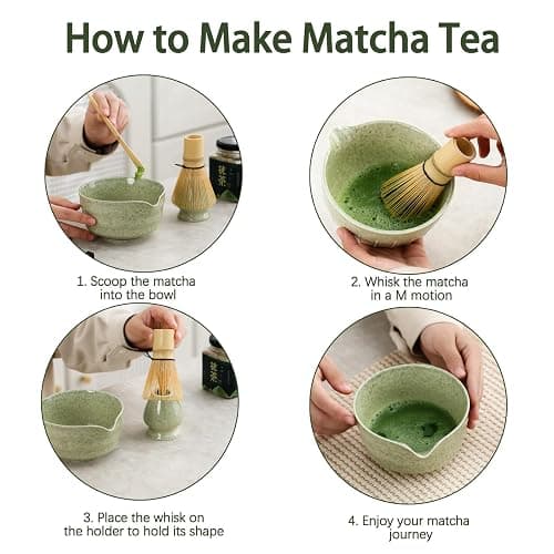 Ochcahser Matcha Set, Japanese Tea Set Includes Matcha Bowl with Spout, Matcha Whisk Holder, Bamboo Matcha Whisk and Bamboo Scoop, 17 oz Mottled Green Glaze Ceramic Matcha Kit for Tea Lovers thumbnail 7