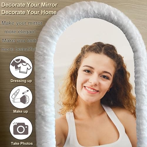 UYRIE Fluffy Mirror Cover - 59"x16" Full Length Ultra Soft Non-Slip Cover Universal Stretch Cover Warm Home Decor for Bedroom Cloakroom (White-Without Mirror) thumbnail 3