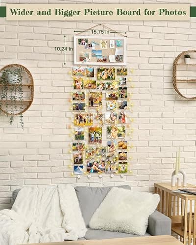 Bikoney Large Collage Picture Frame with Bulletin Board, Hanging Photo Display for Multiple Pictures, Wall Photo Organizer with 30 Clips & 6 Pushpins, Self Adhesive Hooks – No Drill Wood Photo Board for Room Decor thumbnail 4
