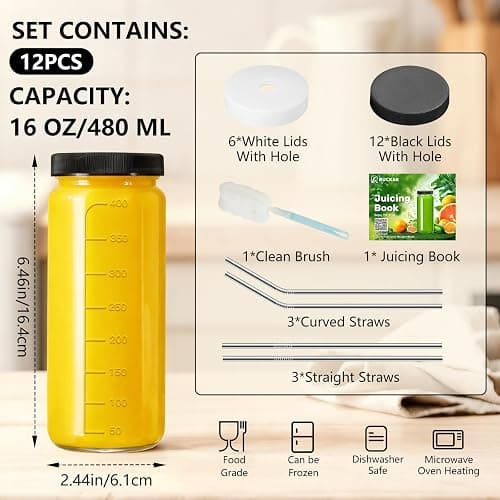 Ruckae 16oz 12 Pack Juice Bottles, Glass Bottles Juicing with Lids, Smoothie Cup Lids and Straws, Water Bottle Mason Jar Drinking Glasses for Juicing, Smoothies, Kombucha thumbnail 3