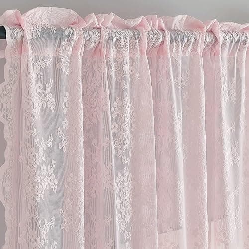 YJ YANJUN Vintage Lace Curtains 63 Inches Length- Cute Sheer Pink Curtains for Girls Bedroom Light Pink Floral Short Window Drapes Princess Girls Room Coquette Decor 2 Panels 52 x63 Inch thumbnail 4