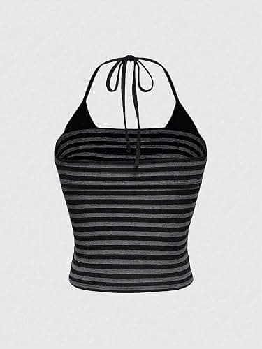 Cioatin Women Y2K Aesthetic Stripe Spaghetti Strap Tie Up Halter Crop Cami Sleeveless Backless Tube Tank Top Summer Going Out thumbnail 2
